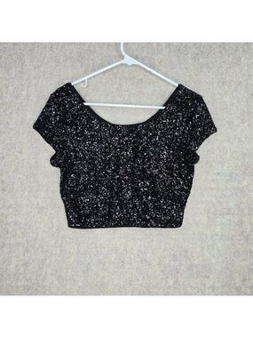 Express Womens Black Sequin Crop Top Short Sleeve Polyester Size S Party Wear